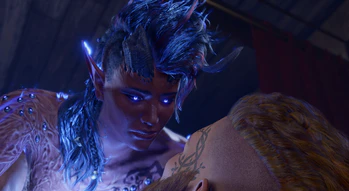 A picture of Karlach and the player character in bed at The Singing Lute. They are sharing a night of intimacy after dinner in a room she reserved for the two of them, and Karlach's flames are burning hot blue with her passion.