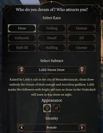 Screenshot of the Dream Visitor appearance options in the character creation screen