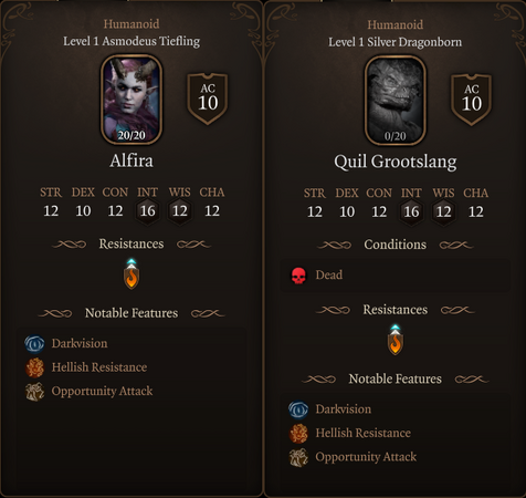 Alfira and Quil's identical statistics.