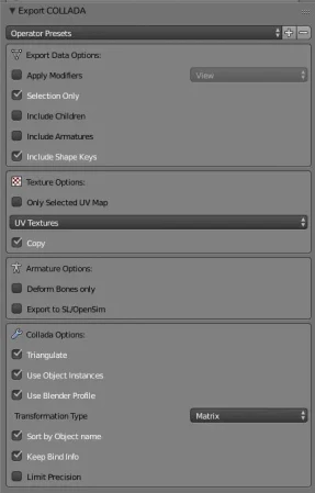 Collada/DAE export settings for Blender 2.79b