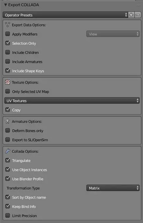 Collada/DAE export settings for Blender 2.79b