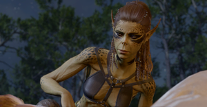 A picture of Lae'zel at camp. She has roused the player character from sleep at their bedside, and is looking at them with anticipation, as she eagerly awaits another night with them.