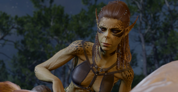 A picture of Lae'zel at camp. She has roused the player character from sleep at their bedside, and is looking at them with anticipation, as she eagerly awaits another night with them.
