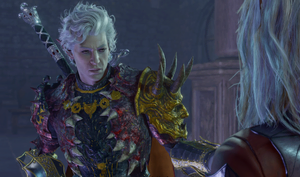 Astarion wears a look of incredulity on his face as Araj relates her childhood dream of being bitten by a vampire.