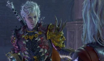 Astarion wears a look of incredulity on his face as Araj relates her childhood dream of being bitten by a vampire.