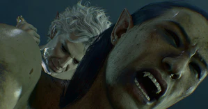 A picture of Astarion's in Cazador's Dungeon. Having just defeated Cazdor, he is gleefully carving runes into Cazadror's back as he prepares to take Cazdor's place in the ritual.