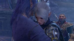 A picture of Shadowheart. She is hugging her father and being consoled by him after freeing her parents from their decades of imprisonment and torture in the Cloister of Sombre Embrace.