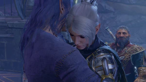 A picture of Shadowheart. She is hugging her father and being consoled by him after freeing her parents from their decades of imprisonment and torture in the Cloister of Sombre Embrace.