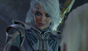 A picture of Isobel in Moonrise Towers. Aylin kneels before her, overjoyed at their being reunited after a century apart.