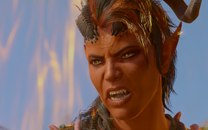Karlack is standing over the dead body of Gortash on the rooftops of Wyrm's Rock Fortress. Her face if full of anger, frustraion and despair over her uncertain future.