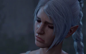 A picture of Shadowheart. She is standing by a statue of Selune in the Lower City of Baldur's Gate. Overwhelmed by feelings of grief and shame, she is in tears, with these feelings plain on her face.
