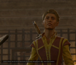 =A picture of Arkleia, who is upset that the Steel Watch failed to protect her while the player character coerced her to sell her wares.