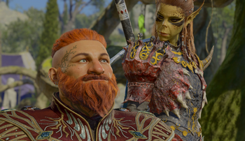 A picture of Lae'zel and the player character. They are at the Circus of the Last Days. The player character has just passed Zethino's love test with her and Lae'zel is looking at the player character with a smile of approval on her face.