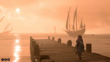 The epilogue of Baldur's Gate 3, showing the player on a dock in Baldur's Gate, silhouetted by sunset.