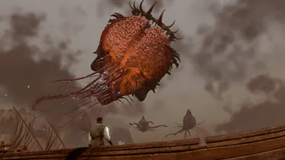 A commoner watches the brain fall from his boat.