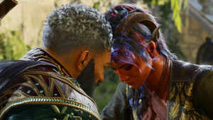 A picture of Karlach and the player character in the lower city graveyard. Their foreheads are touching with their eyes closed, as they share a quiet moment after Karlach visits her parent's graves.