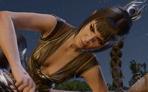 A picture of Shadowheart at camp at night. She is crouched over Lae'zel with a stern expression on her face and a knife at Lae'zel's throat, moments away from killing her. She angrily pauses as the player character asks her to reconsider.