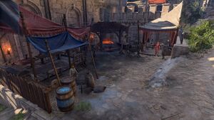 Stormshore Armoury, an outdoor smithing area with a glowing red hot furnace in the back corner.