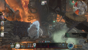 Screenshot of an enlarged wild shape Owlbear aiming its Crushing Flight directly at the location Grym stands when it spawns.