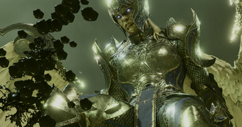 A picture of Aylin. She is in the mind flayer colony after the party defeats Ketheric Thorm for the last time. Filled with intense rage after centuries of suffering from his plans, she repeatedly and ferociously stomps on Kethric Thorm's remains.