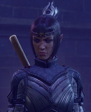 Shadowheart wearing a suspicious look when asked about her resistance to the Shadow Curse.